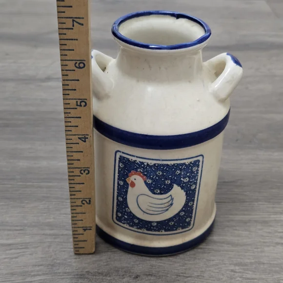 Vtg Farmhouse Chicken Ceramic Milk Can Utensil Holder Blue White - Picture 5 of 8